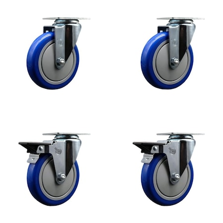 Service Caster 5'' Blue Poly Wheel Swivel Top Plate Caster Set with 2 Posi Brakes, 4PK SCC-20S514-PPUB-BLUE-2-PLB-2